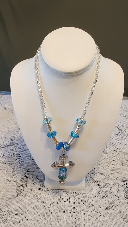 Blue beaded Silver tone cross necklace