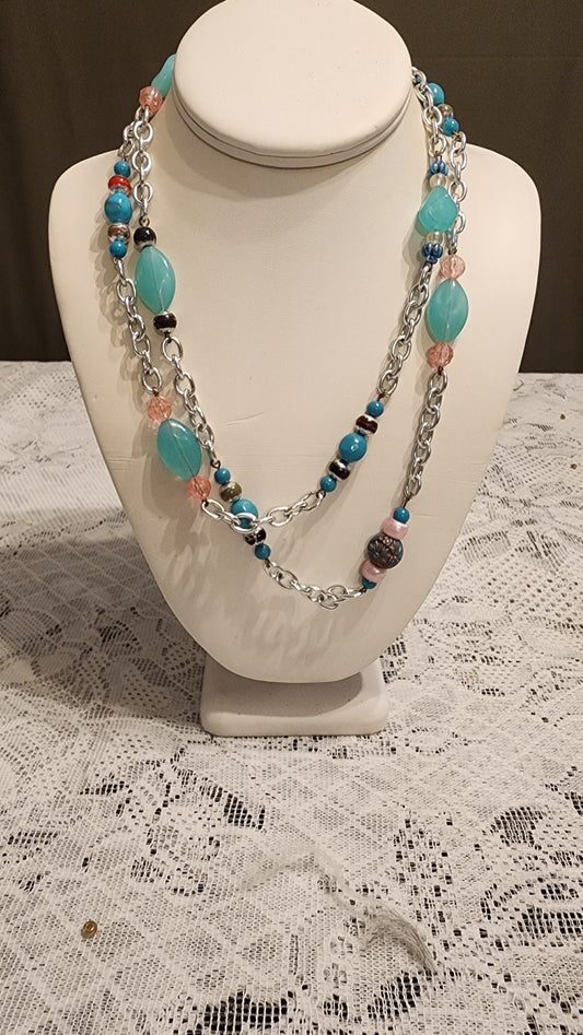 Blue Pink beaded  necklace